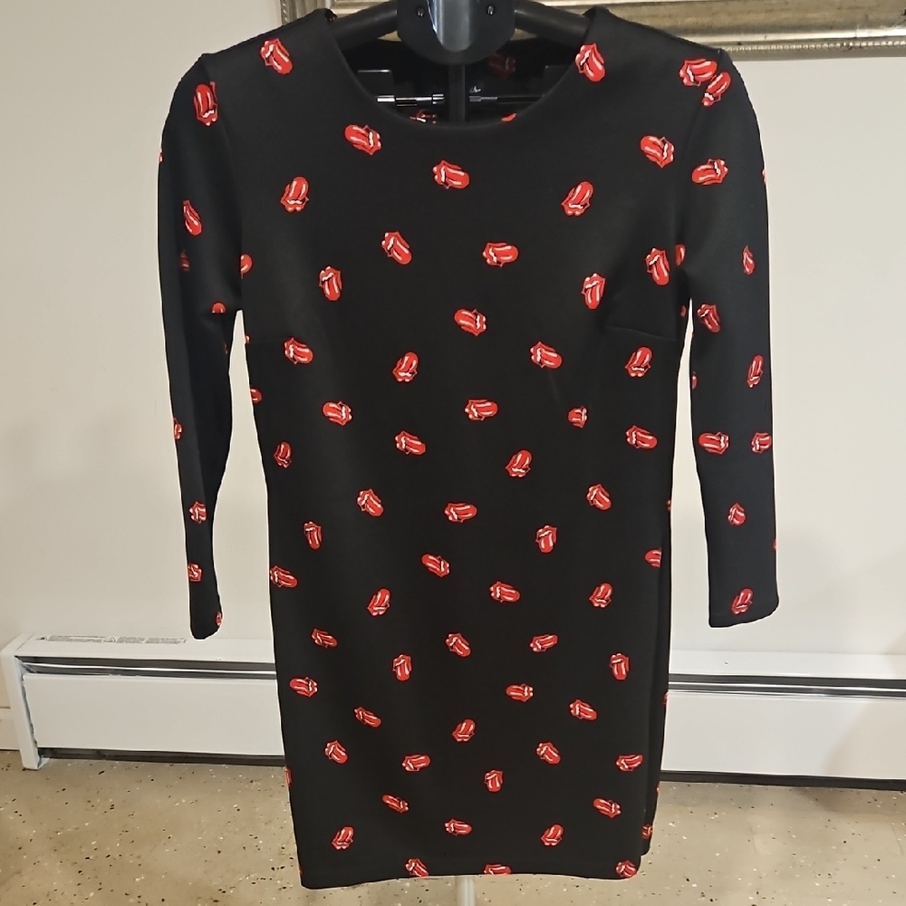 the Rolling Stones Black Long Sleeve Dress with Red Tongue Print